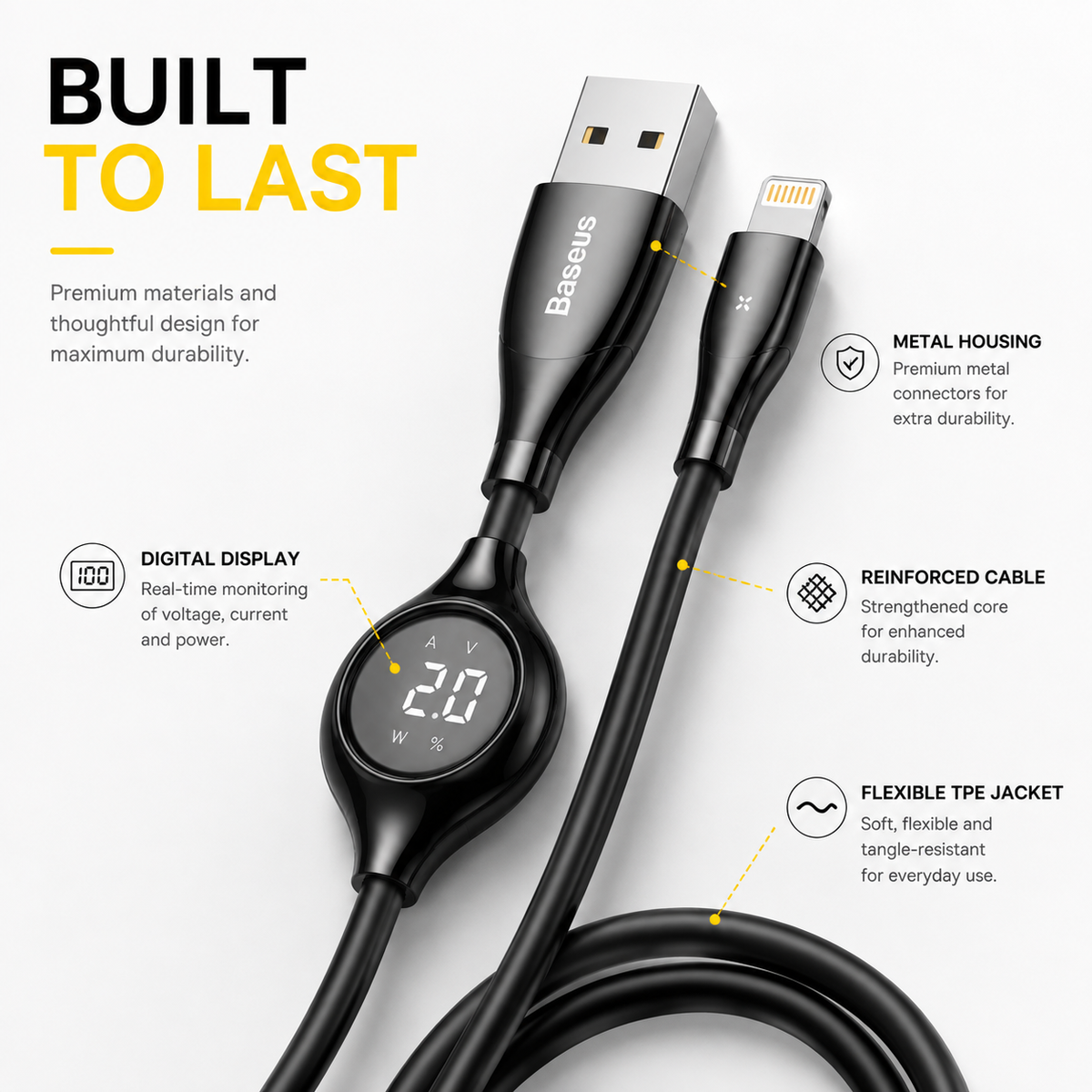 Baseus Digital Display Lightning Cable, Fast Charging USB Data Cable with Real-Time Power Display, 1M, 480Mbps Sync for iPhone 14/13/12/11/XR/XS/X/8/7/SE - Black