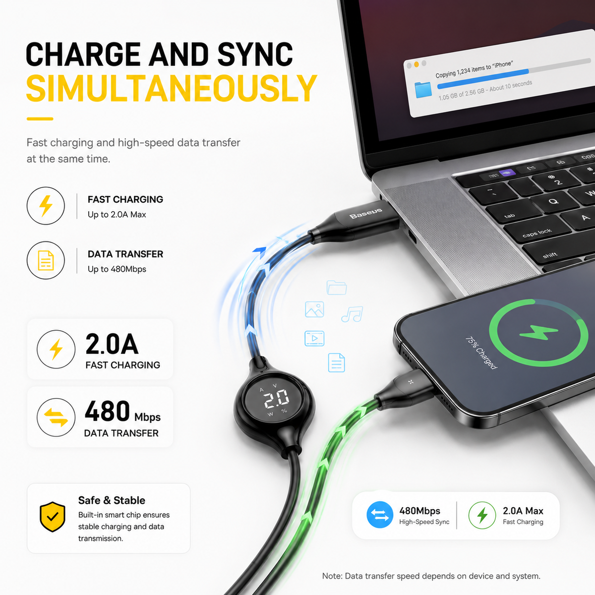 Baseus Digital Display Lightning Cable, Fast Charging USB Data Cable with Real-Time Power Display, 1M, 480Mbps Sync for iPhone 14/13/12/11/XR/XS/X/8/7/SE - Black