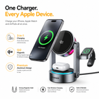 Essager Qi2 3-in-1 Magnetic Wireless Charging Station, Fast Foldable Charger Stand for iPhone 16/15/14/13 MagSafe, Apple Watch & AirPods, Adjustable Desktop Charging Dock