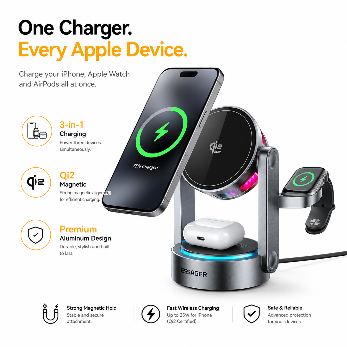 Essager Qi2 3-in-1 Magnetic Wireless Charging Station, Fast Foldable Charger Stand for iPhone 16/15/14/13 MagSafe, Apple Watch & AirPods, Adjustable Desktop Charging Dock