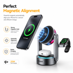 Essager Qi2 3-in-1 Magnetic Wireless Charging Station, Fast Foldable Charger Stand for iPhone 16/15/14/13 MagSafe, Apple Watch & AirPods, Adjustable Desktop Charging Dock