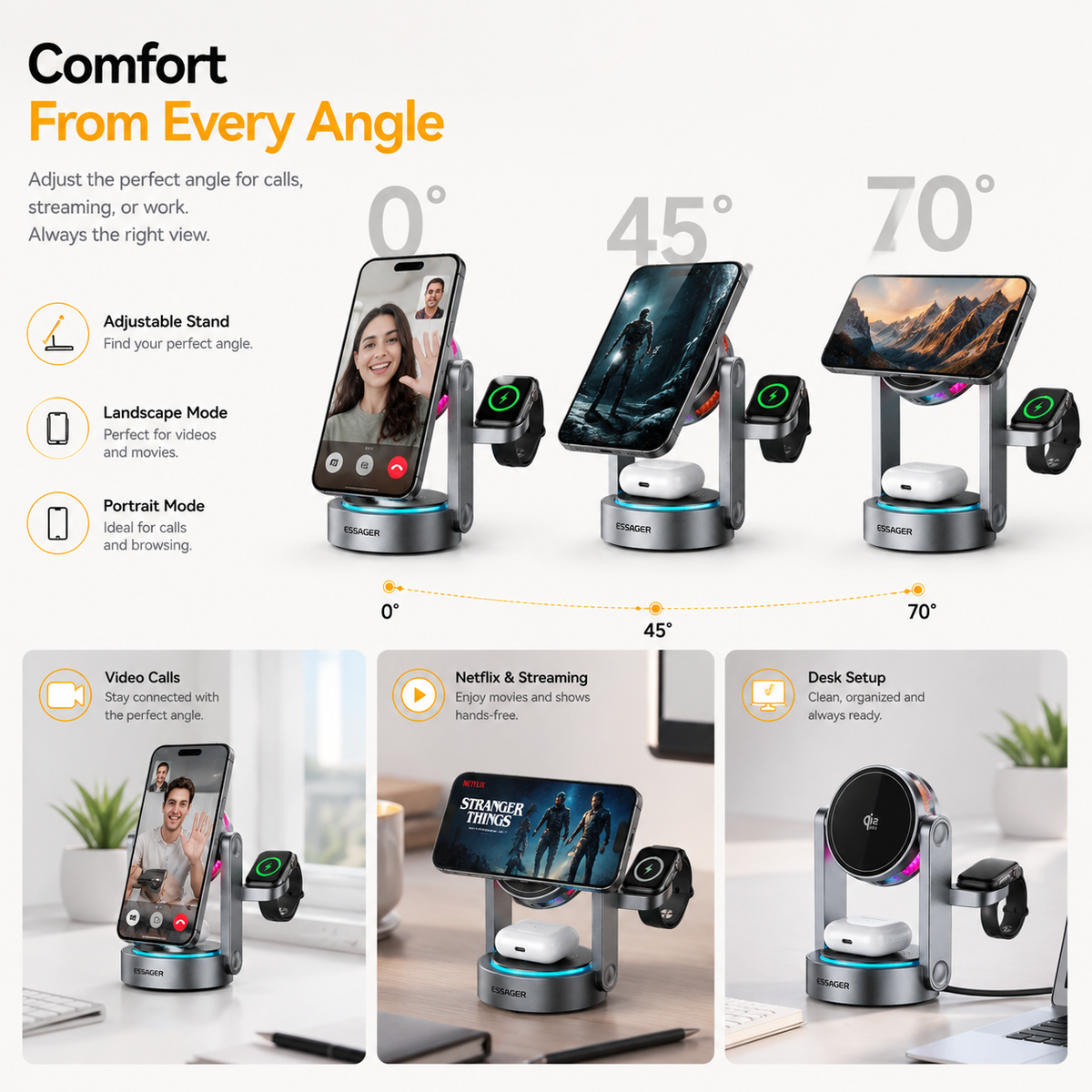 Essager Qi2 3-in-1 Magnetic Wireless Charging Station, Fast Foldable Charger Stand for iPhone 16/15/14/13 MagSafe, Apple Watch & AirPods, Adjustable Desktop Charging Dock