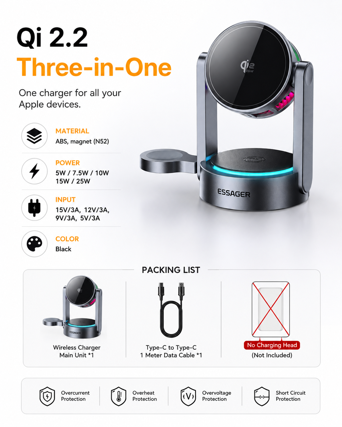 Essager Qi2 3-in-1 Magnetic Wireless Charging Station, Fast Foldable Charger Stand for iPhone 16/15/14/13 MagSafe, Apple Watch & AirPods, Adjustable Desktop Charging Dock