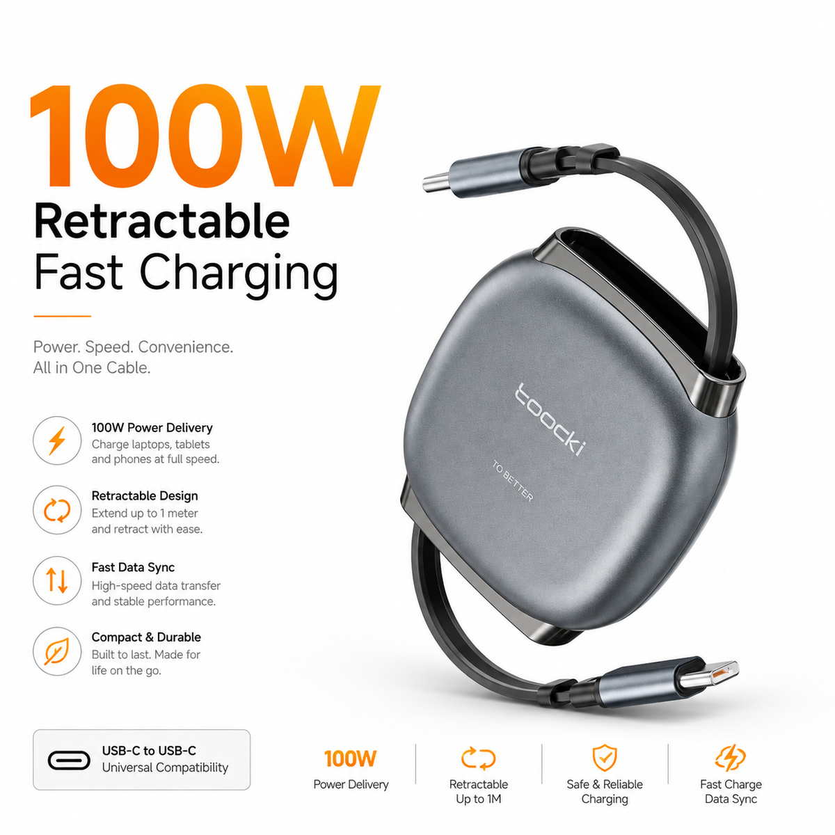 Toocki 100W Retractable USB-C to USB-C Cable, PD Fast Charging Cable, Compact Retractable Charging & Data Sync Cord for MacBook, iPad, Samsung Galaxy, Steam Deck & USB-C Devices