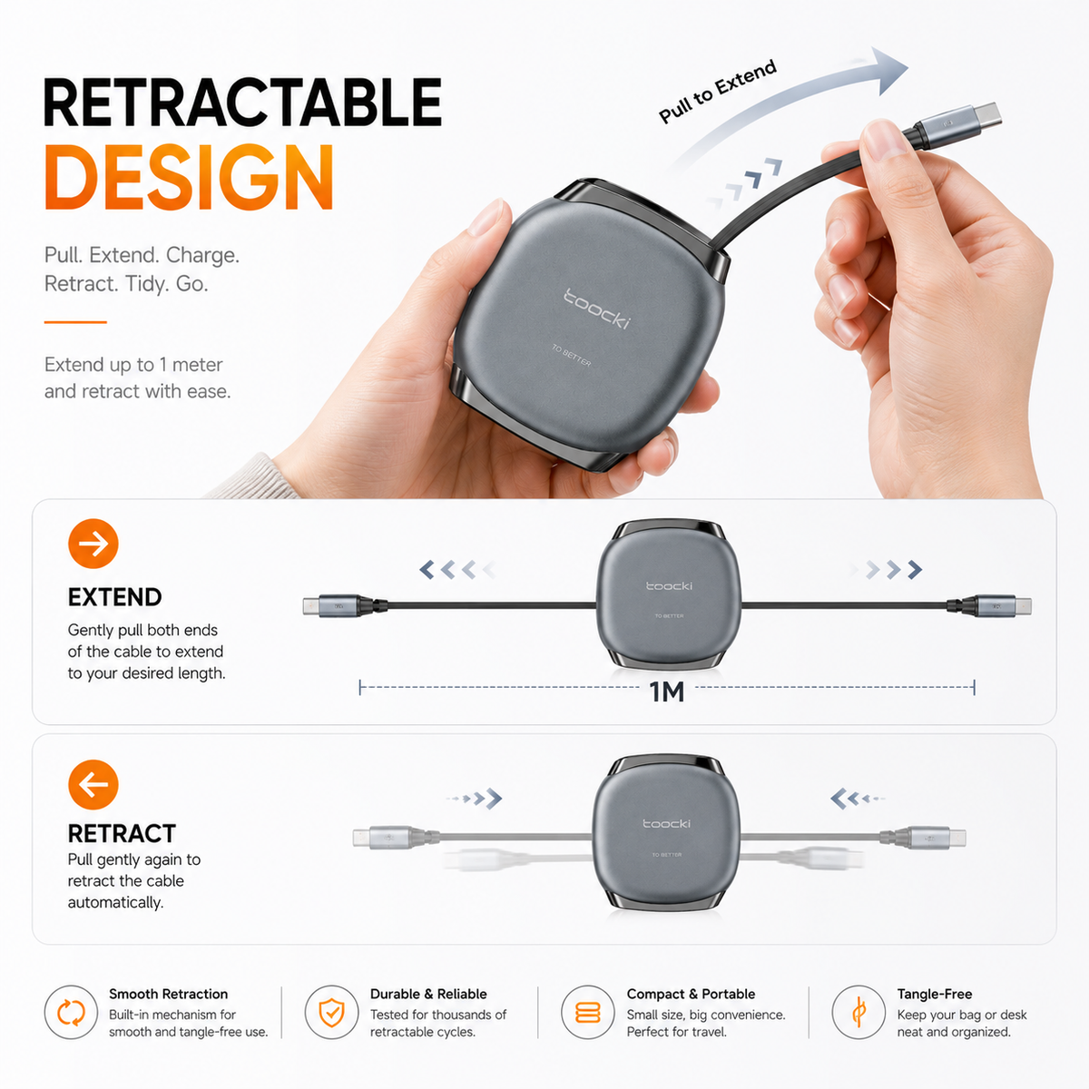 Toocki 100W Retractable USB-C to USB-C Cable, PD Fast Charging Cable, Compact Retractable Charging & Data Sync Cord for MacBook, iPad, Samsung Galaxy, Steam Deck & USB-C Devices