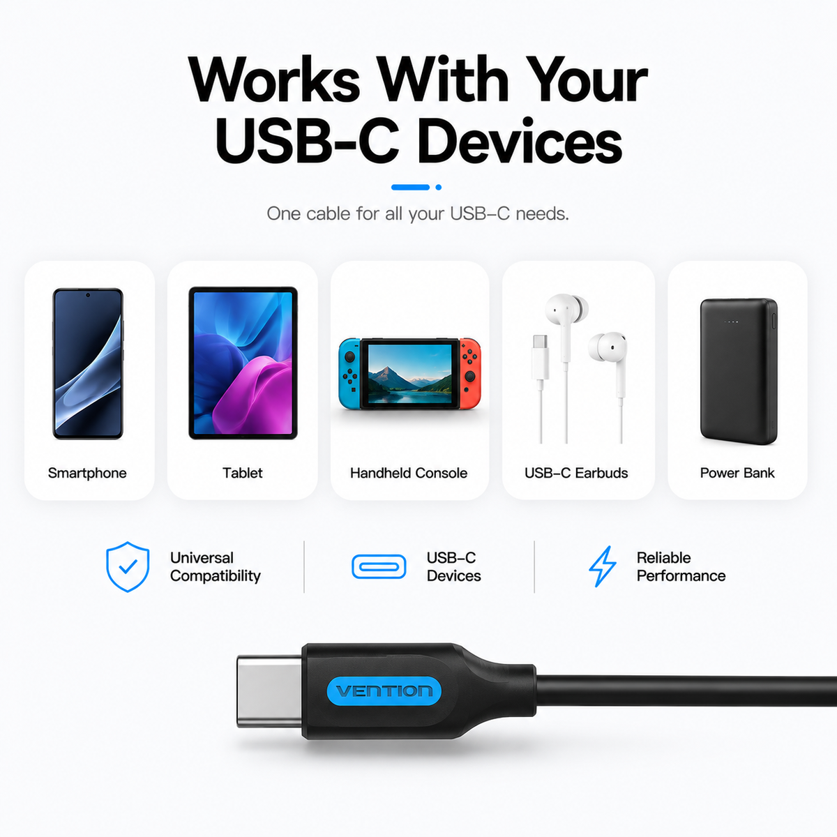 Vention USB-A to USB-C Fast Charging Cable, 3A USB Type-C Charging & Data Sync Cord for Samsung Galaxy, Google Pixel, Xiaomi, Motorola, OnePlus & USB-C Devices
