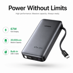 UGREEN 67W Power Bank 20,000mAh with Built-in USB-C Cable, PD Fast Charging Portable Charger for MacBook Air, iPhone 16/15, iPad, Samsung Galaxy, Steam Deck & Nintendo Switch