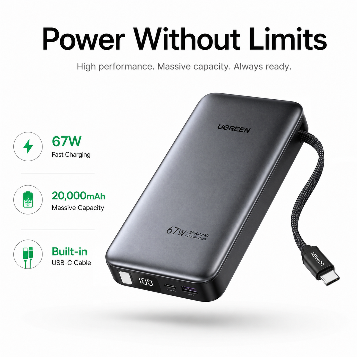 UGREEN 67W Power Bank 20,000mAh with Built-in USB-C Cable, PD Fast Charging Portable Charger for MacBook Air, iPhone 16/15, iPad, Samsung Galaxy, Steam Deck & Nintendo Switch