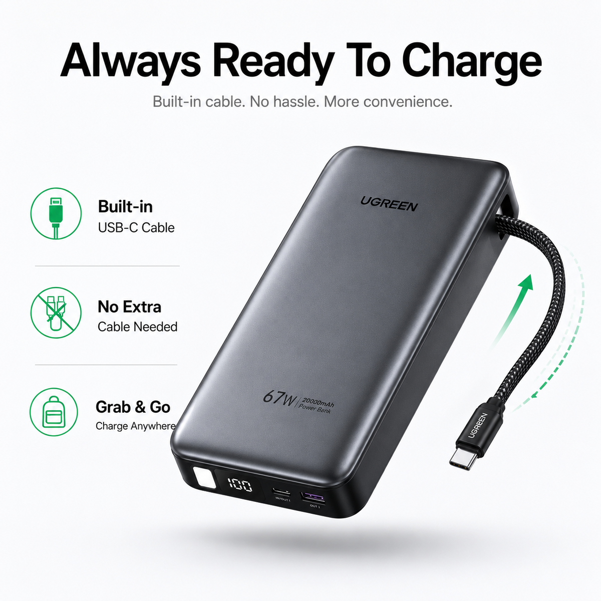 UGREEN 67W Power Bank 20,000mAh with Built-in USB-C Cable, PD Fast Charging Portable Charger for MacBook Air, iPhone 16/15, iPad, Samsung Galaxy, Steam Deck & Nintendo Switch