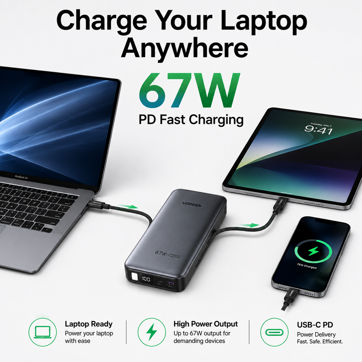 UGREEN 67W Power Bank 20,000mAh with Built-in USB-C Cable, PD Fast Charging Portable Charger for MacBook Air, iPhone 16/15, iPad, Samsung Galaxy, Steam Deck & Nintendo Switch