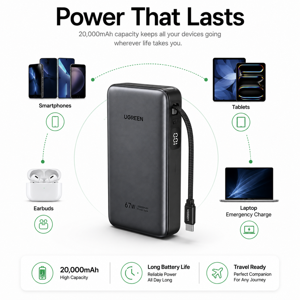 UGREEN 67W Power Bank 20,000mAh with Built-in USB-C Cable, PD Fast Charging Portable Charger for MacBook Air, iPhone 16/15, iPad, Samsung Galaxy, Steam Deck & Nintendo Switch