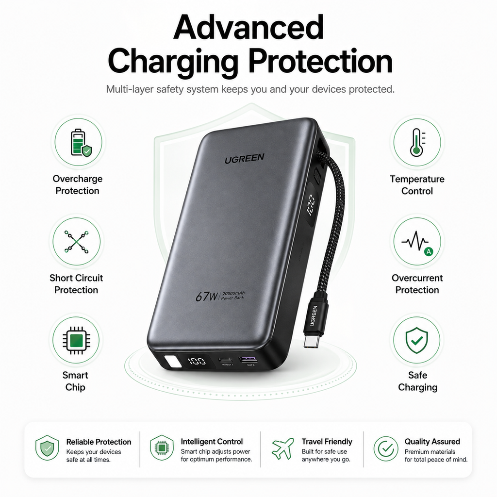 UGREEN 67W Power Bank 20,000mAh with Built-in USB-C Cable, PD Fast Charging Portable Charger for MacBook Air, iPhone 16/15, iPad, Samsung Galaxy, Steam Deck & Nintendo Switch