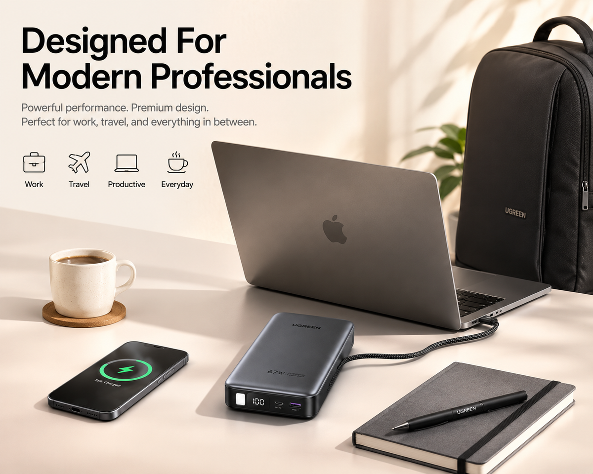 UGREEN 67W Power Bank 20,000mAh with Built-in USB-C Cable, PD Fast Charging Portable Charger for MacBook Air, iPhone 16/15, iPad, Samsung Galaxy, Steam Deck & Nintendo Switch