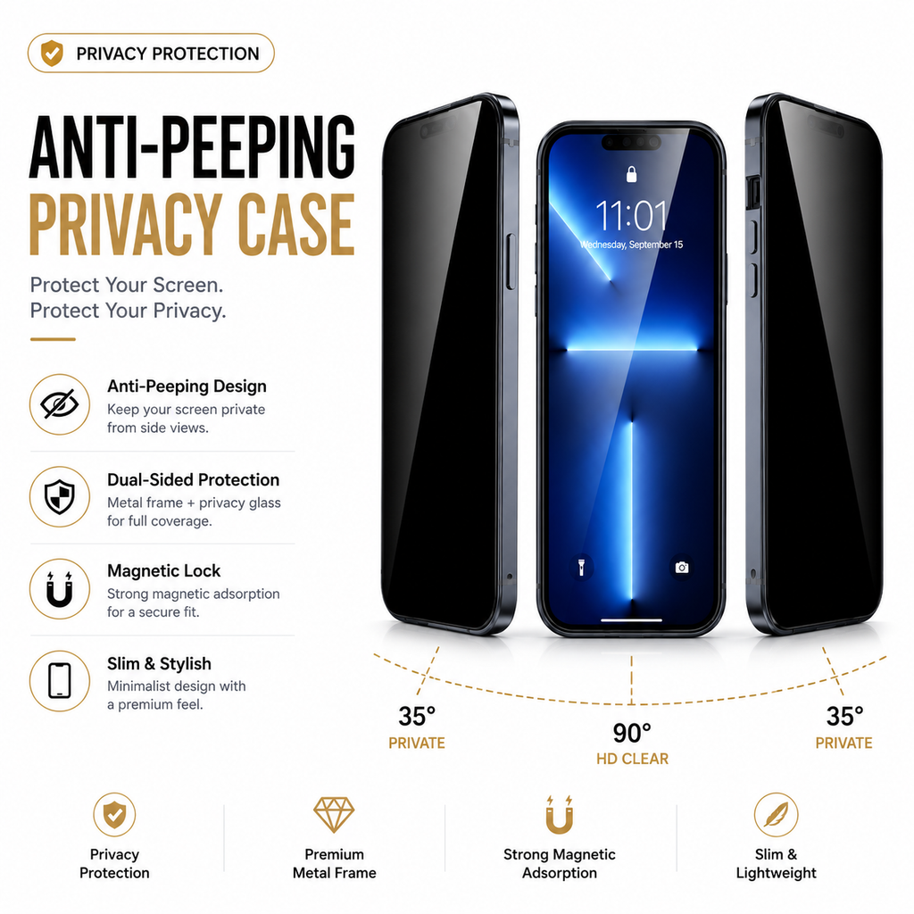 Magnetic Privacy Phone Case for iPhone, Dual-Sided Metal Frame, Full Body Protection, Slim Minimalist Design, Magnetic Snap-On Cover