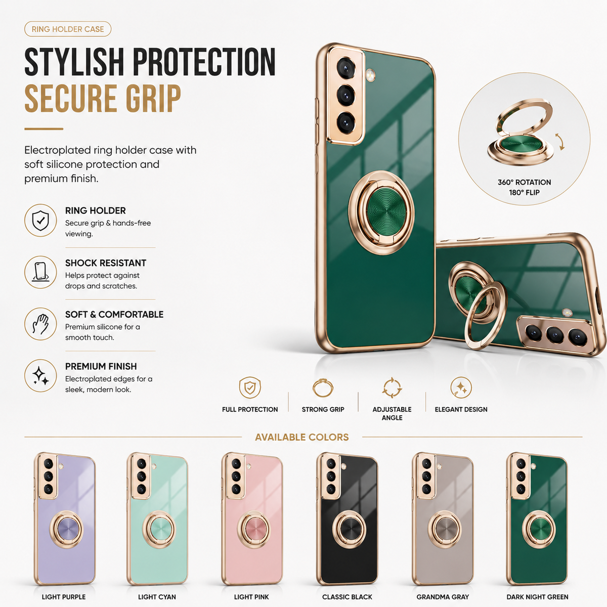 Electroplated Ring Phone Case for Samsung, Silicone Protective Cover with Stylish Ring Holder, Shock-Resistant Design