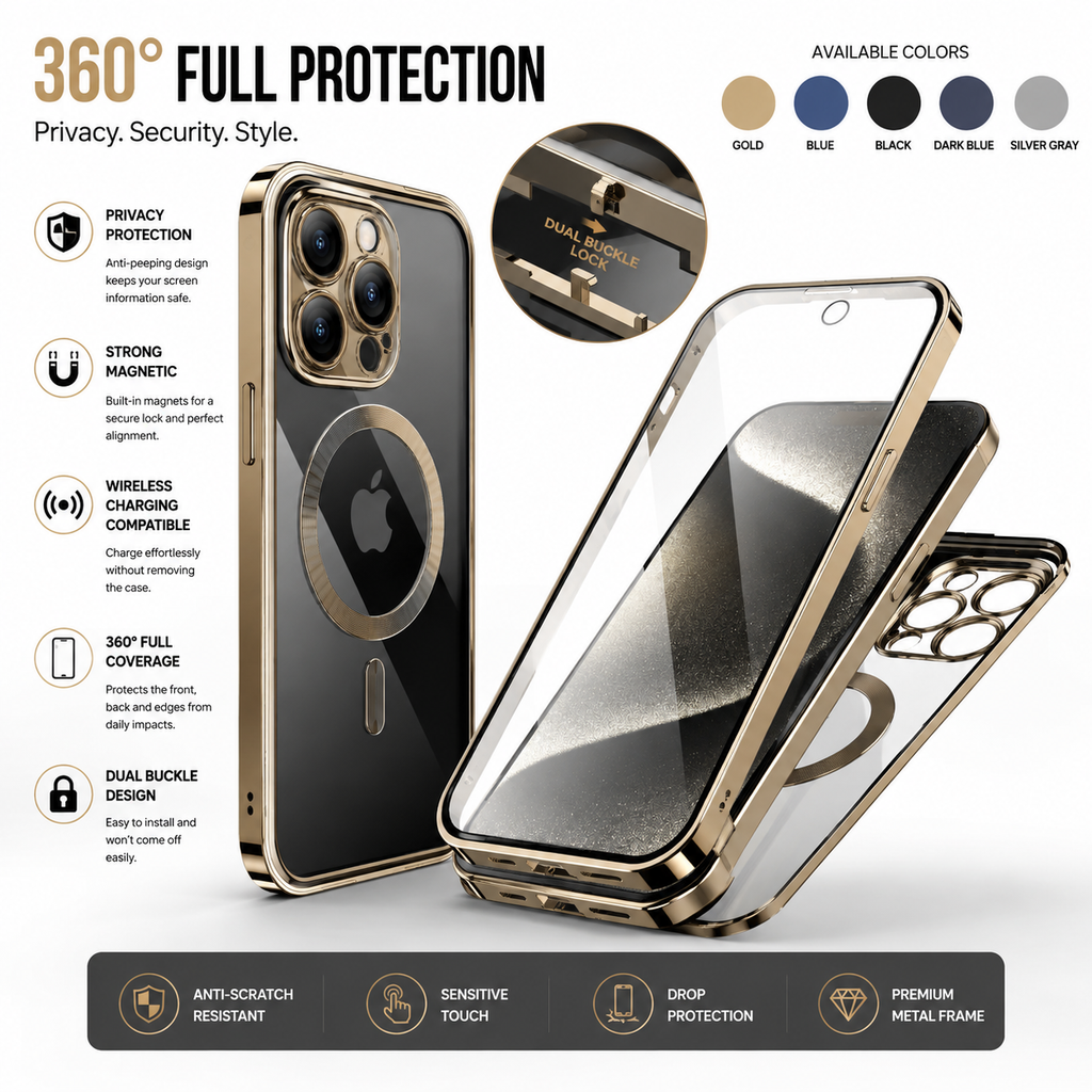 Magnetic Privacy Phone Case for iPhone, 360° Full Protection Metal Frame, Dual-Sided Anti-Peeping Cover, Wireless Charging Compatible