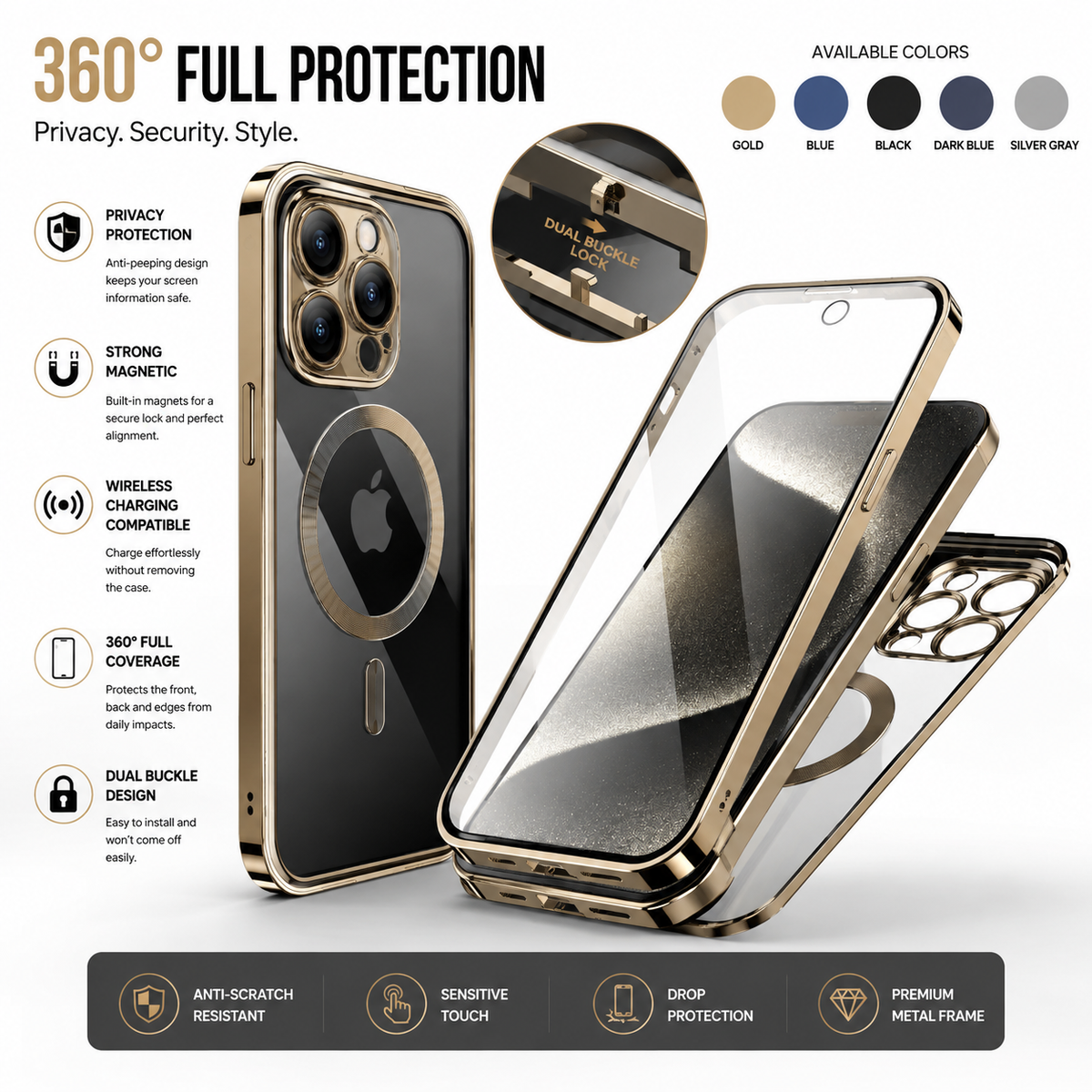 Magnetic Privacy Phone Case for iPhone, 360° Full Protection Metal Frame, Dual-Sided Anti-Peeping Cover, Wireless Charging Compatible