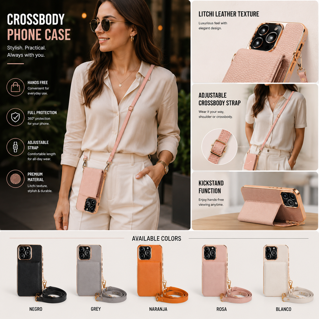 Crossbody Phone Case with Adjustable Lanyard, Luxury Leather-Style Litchi Pattern Cover, Full Protection Case for iPhone 11–15 Series