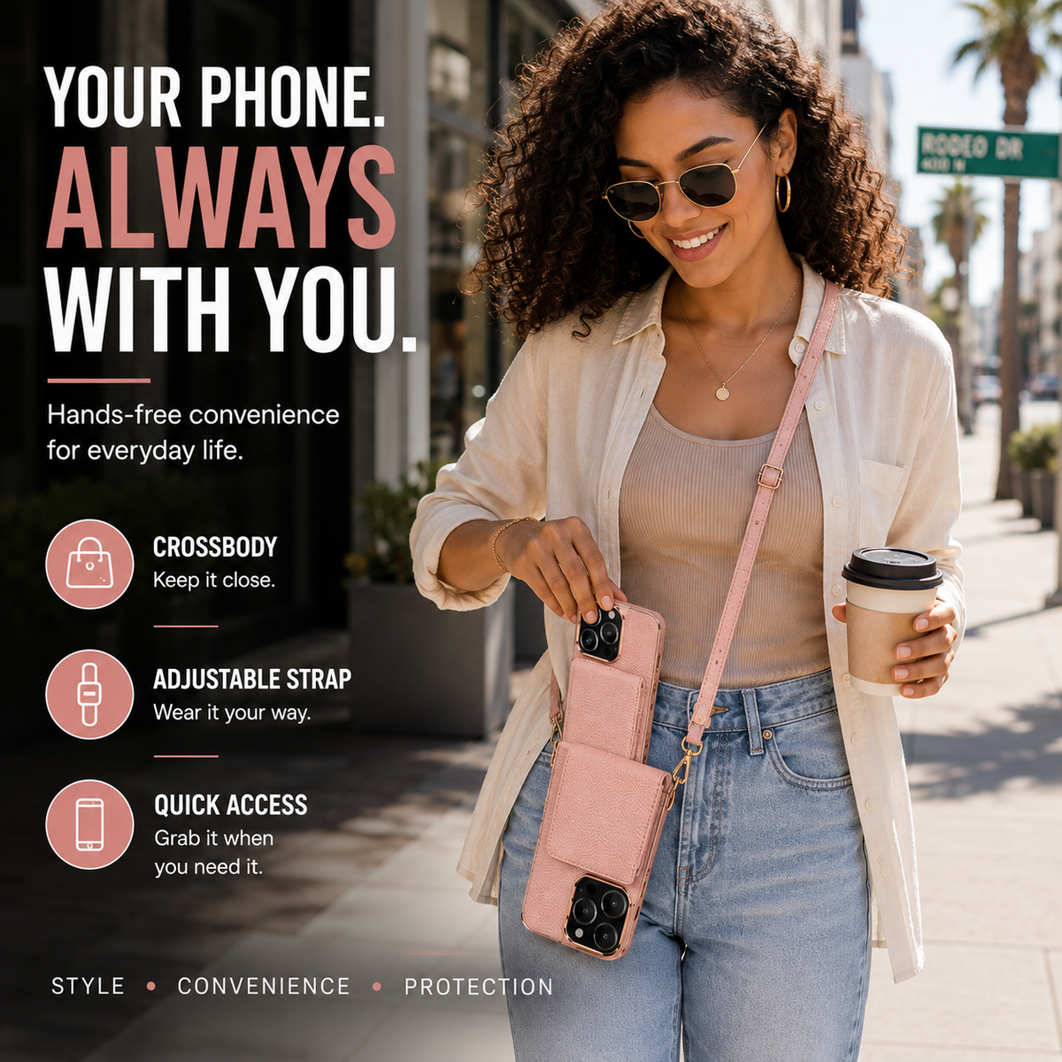 Crossbody Phone Case with Adjustable Lanyard, Luxury Leather-Style Litchi Pattern Cover, Full Protection Case for iPhone 11–15 Series