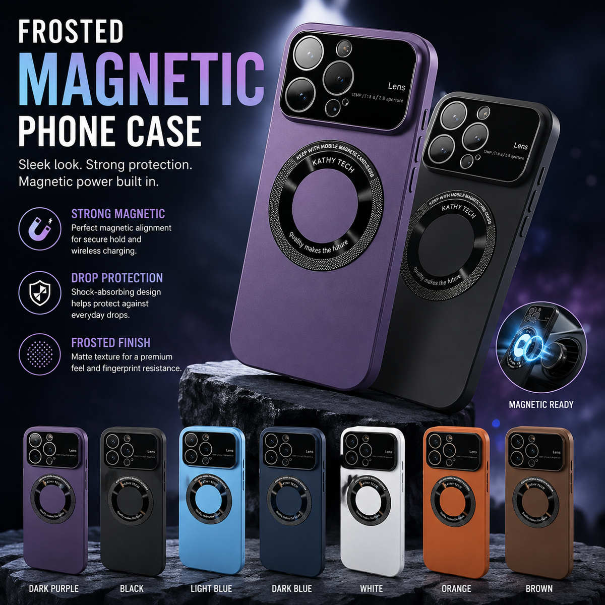 Frosted Magnetic Phone Case for iPhone, Shockproof Protective Cover, Anti-Drop Matte Finish, Full Coverage Slim Case