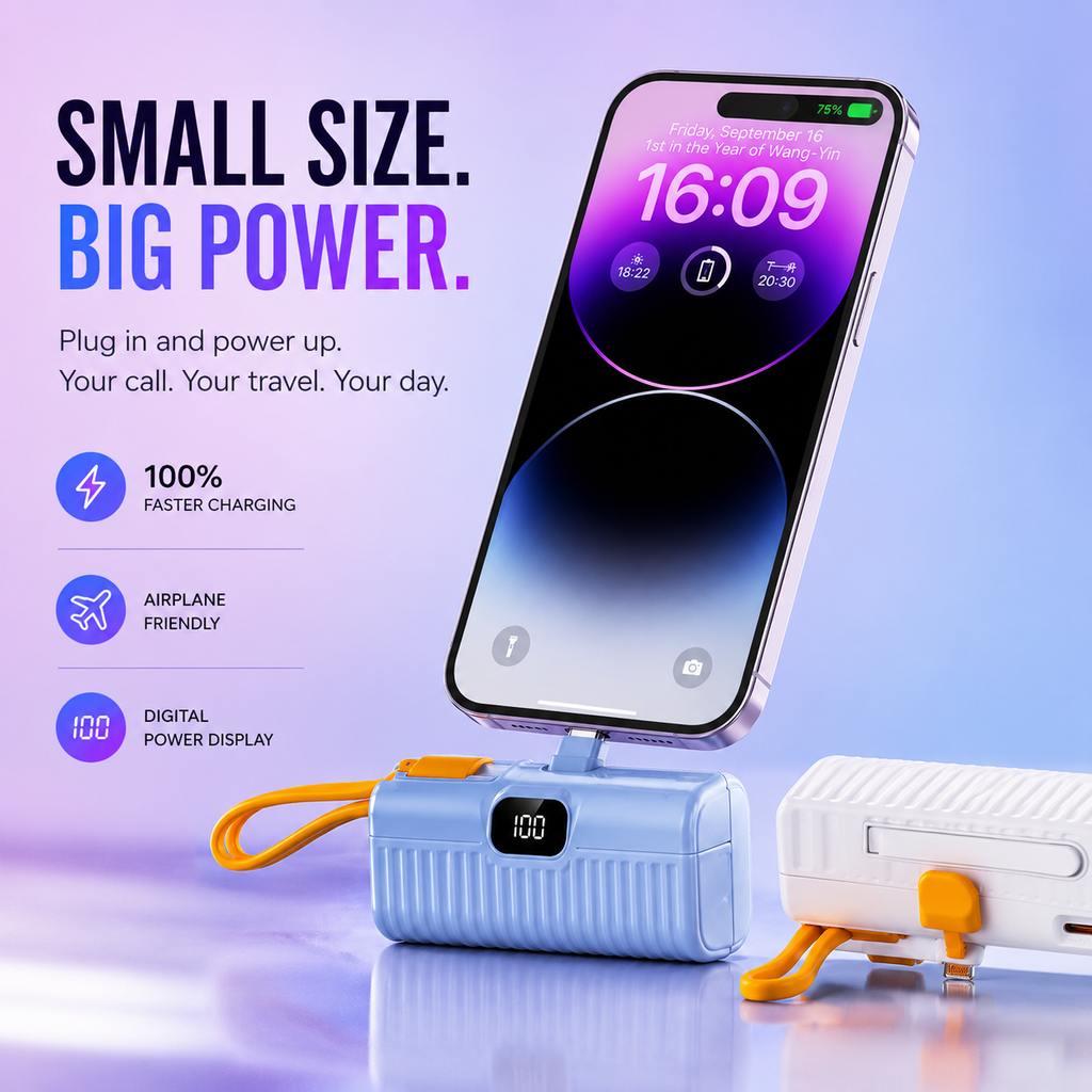 Mini Portable Power Bank with Digital Display, Compact Fast-Charging Battery Pack with USB-C or Lightning Connector for iPhone & Android