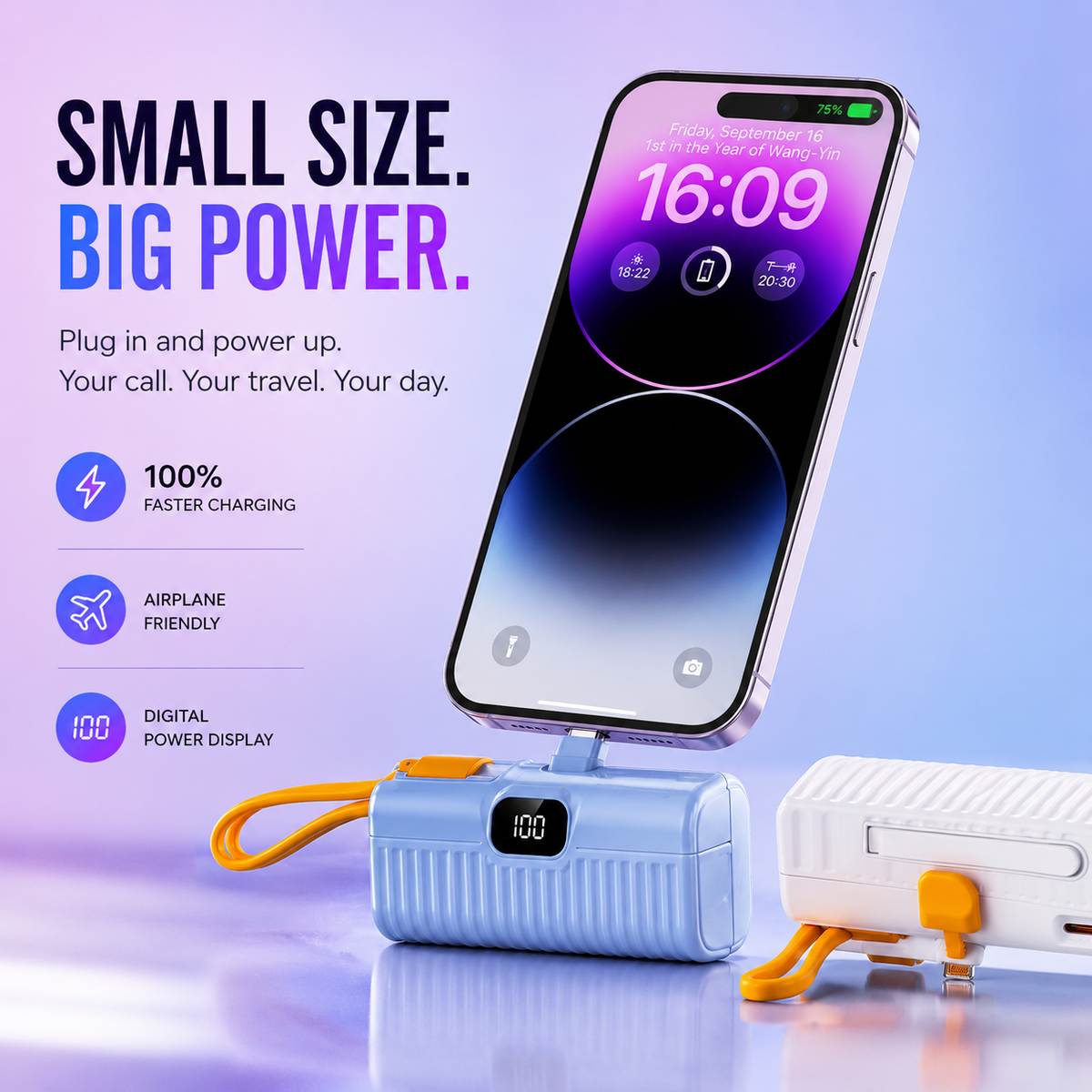 Mini Portable Power Bank with Digital Display, Compact Fast-Charging Battery Pack with USB-C or Lightning Connector for iPhone & Android