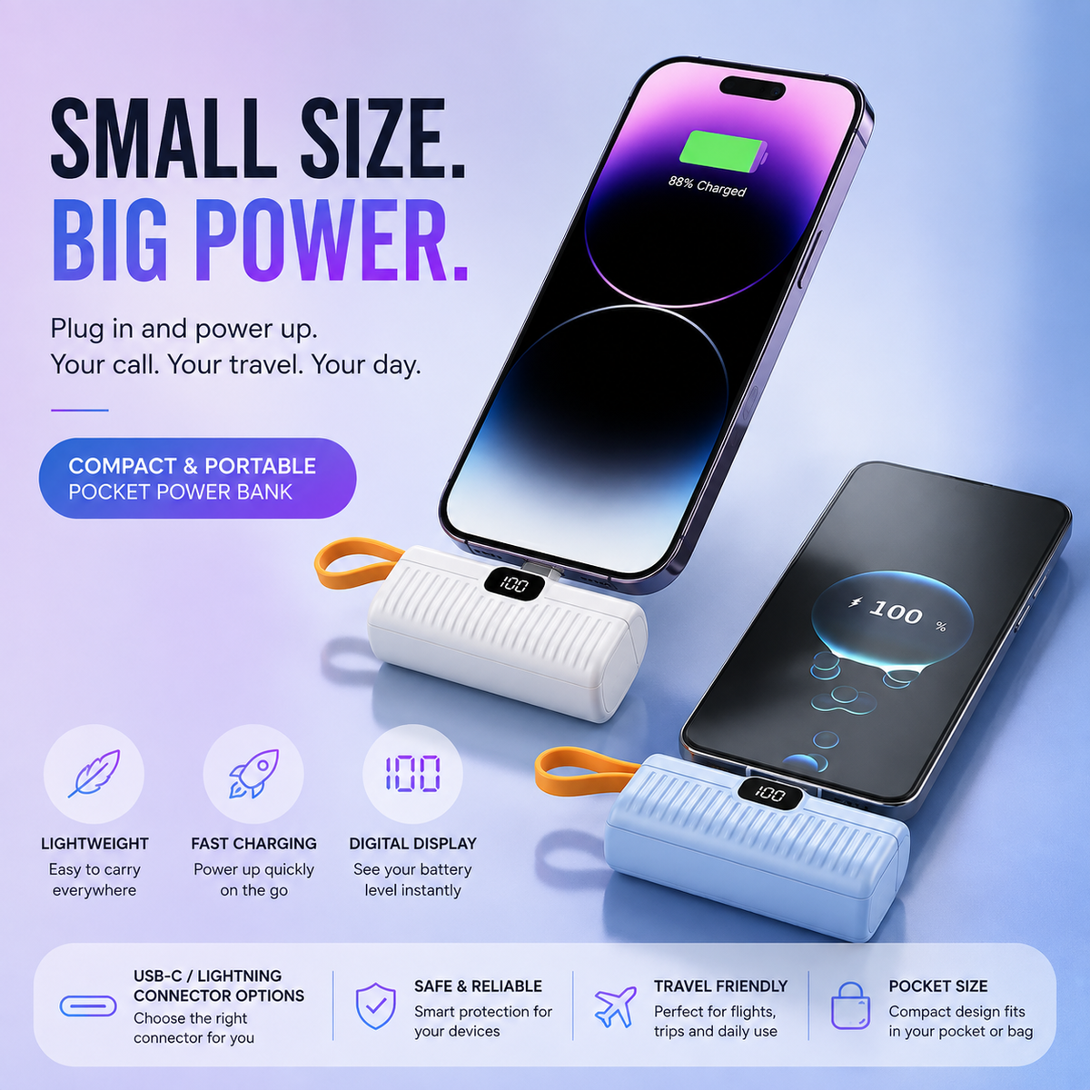 Mini Portable Power Bank with Digital Display, Compact Fast-Charging Battery Pack with USB-C or Lightning Connector for iPhone & Android