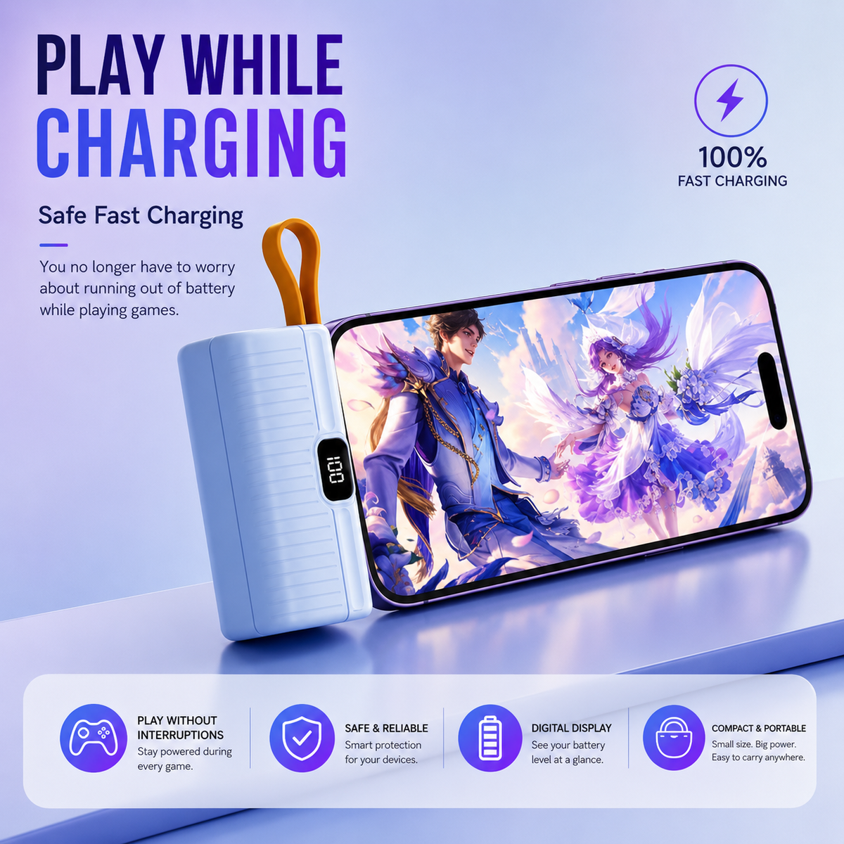 Mini Portable Power Bank with Digital Display, Compact Fast-Charging Battery Pack with USB-C or Lightning Connector for iPhone & Android