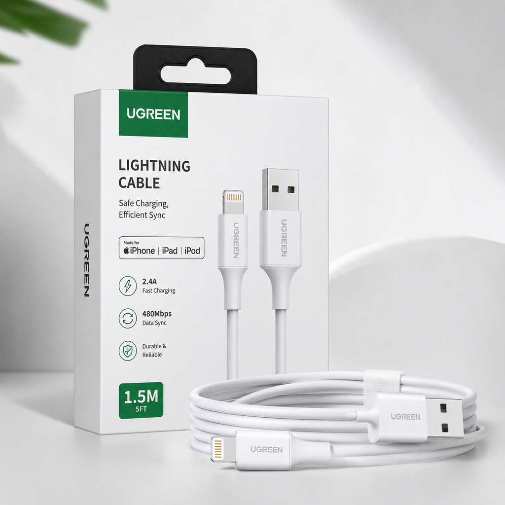 UGREEN MFi Certified Lightning Cable 1.5M USB-A to Lightning Fast Charging & Data Sync Cable for iPhone 14/13/12/11, iPhone SE, iPad & AirPods – 2.4A