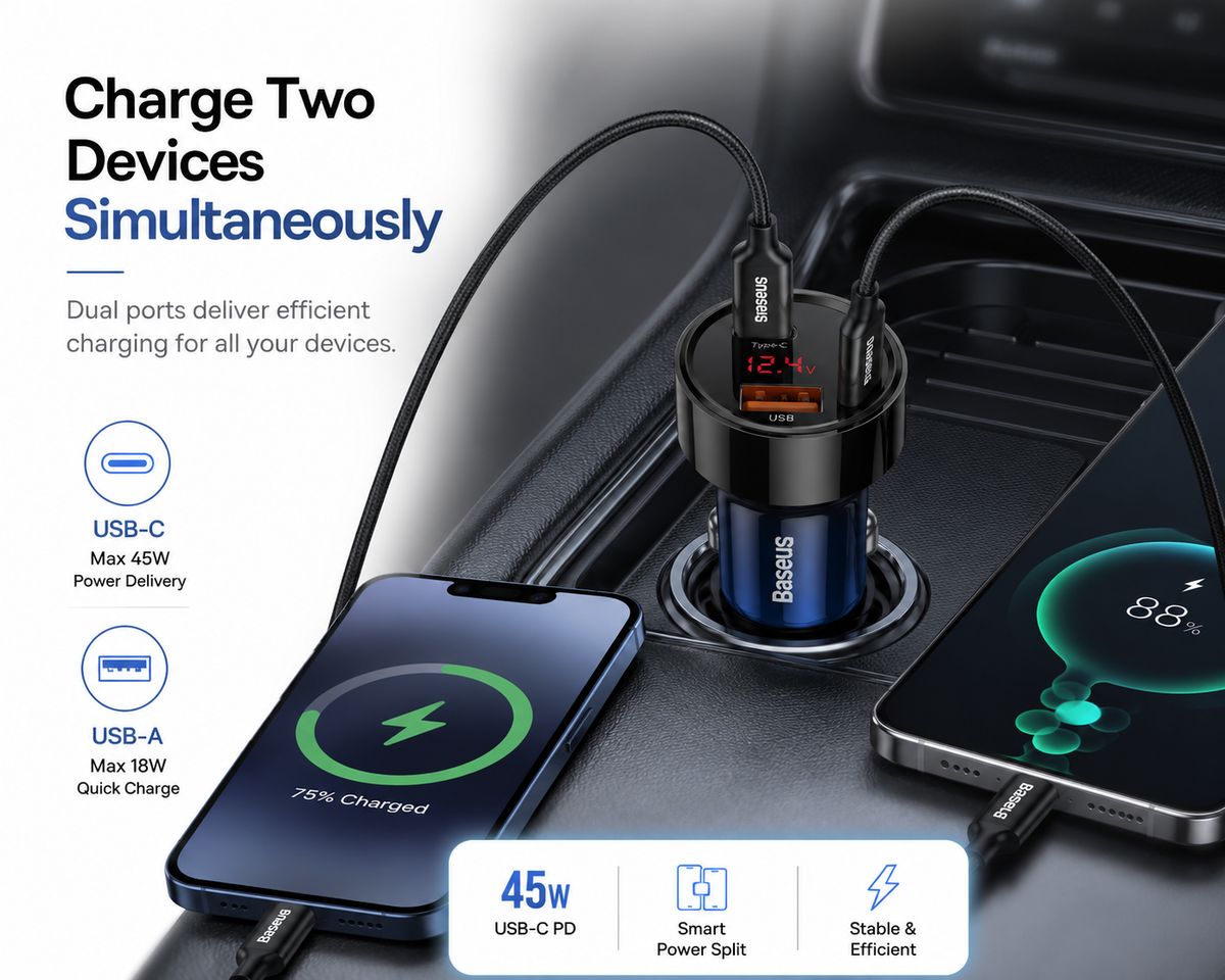 Baseus 45W USB-C Car Charger with LED Voltage Display, Dual Port PD Fast Charger (USB-C & USB-A) for iPhone 16/15, Samsung Galaxy, iPad, Google Pixel & More