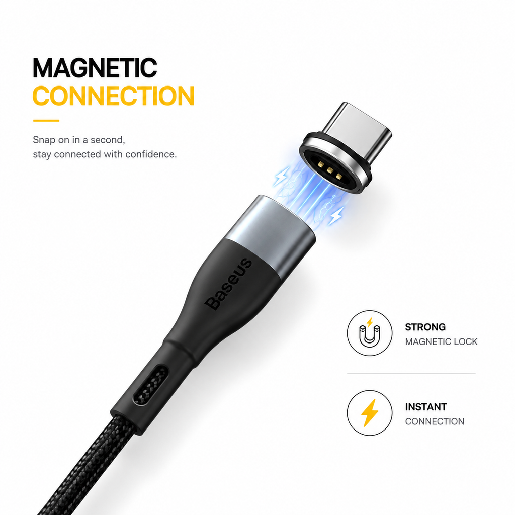 Baseus 100W Magnetic USB-C Fast Charging Cable, Zinc Alloy PD USB-C to USB-C Cable, Detachable Magnetic Tip, Nylon Braided, Data Sync for MacBook, iPad, Samsung Galaxy & USB-C Devices