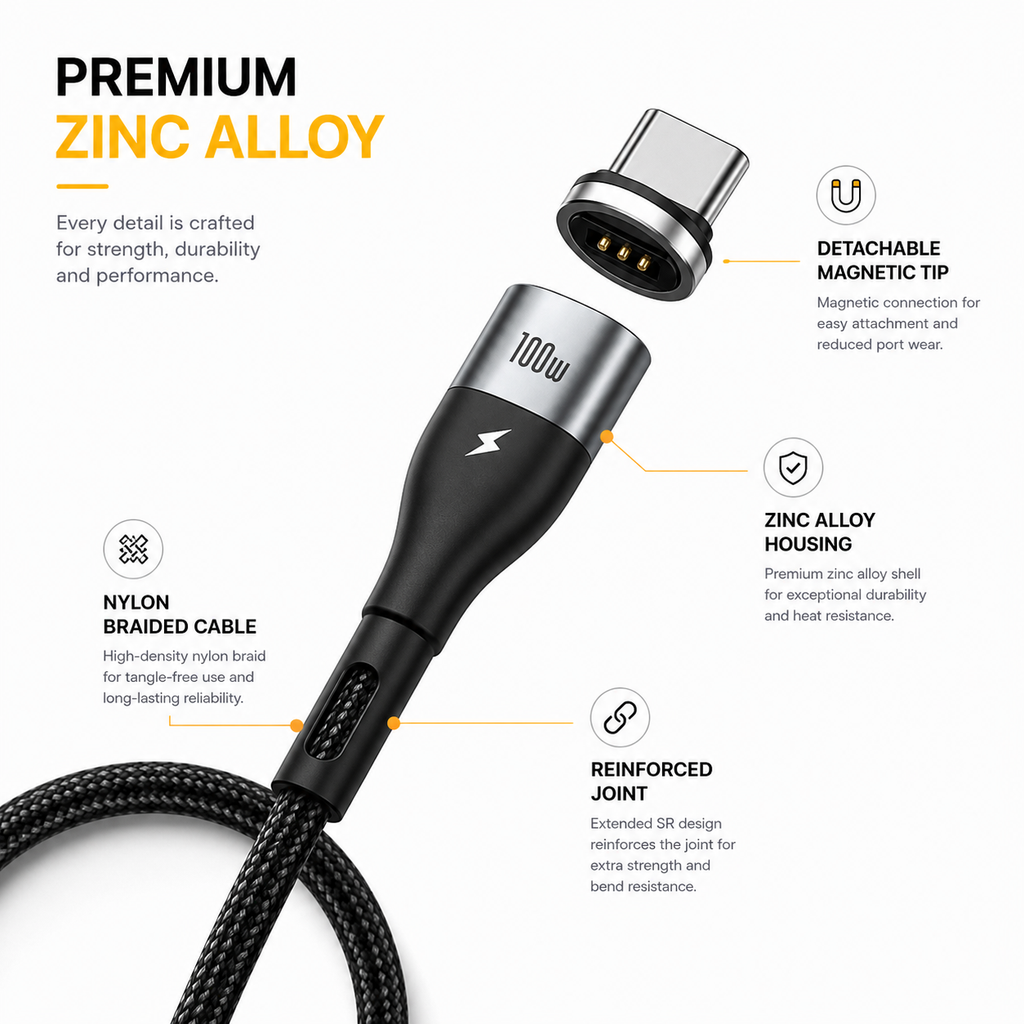Baseus 100W Magnetic USB-C Fast Charging Cable, Zinc Alloy PD USB-C to USB-C Cable, Detachable Magnetic Tip, Nylon Braided, Data Sync for MacBook, iPad, Samsung Galaxy & USB-C Devices