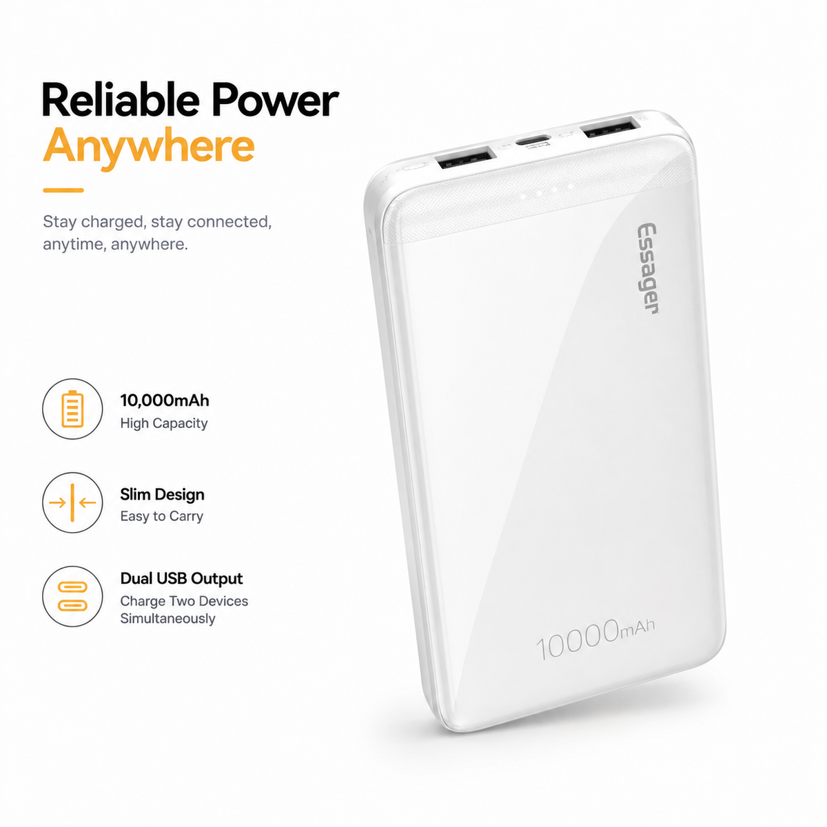 Essager 10000mAh Portable Power Bank, Dual USB Portable Charger with USB-C & Micro USB Input, Slim External Battery Pack for iPhone 16/15/14, Samsung Galaxy, iPad, AirPods & USB Devices