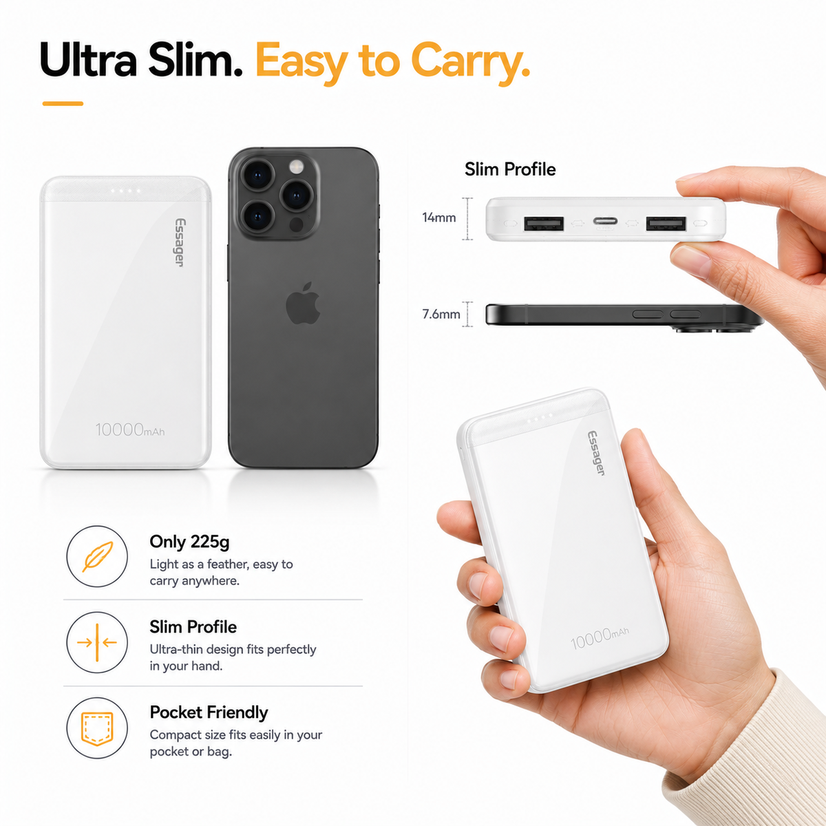 Essager 10000mAh Portable Power Bank, Dual USB Portable Charger with USB-C & Micro USB Input, Slim External Battery Pack for iPhone 16/15/14, Samsung Galaxy, iPad, AirPods & USB Devices