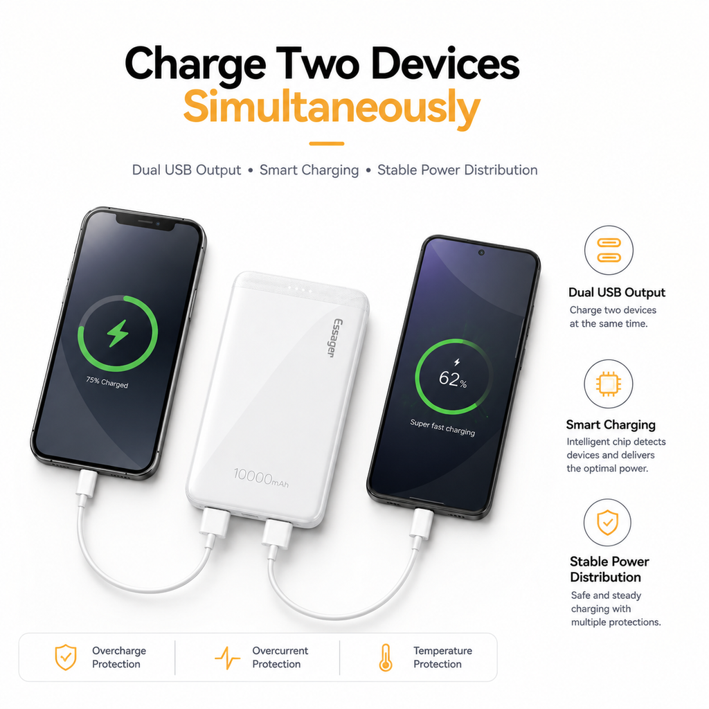 Essager 10000mAh Portable Power Bank, Dual USB Portable Charger with USB-C & Micro USB Input, Slim External Battery Pack for iPhone 16/15/14, Samsung Galaxy, iPad, AirPods & USB Devices