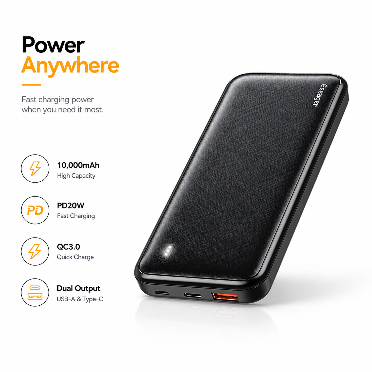 Essager 10000mAh PD20W Fast Charging Power Bank, Portable Charger with USB-C & USB Output, QC3.0 External Battery Pack for iPhone 16/15, Samsung Galaxy, iPad & USB Devices