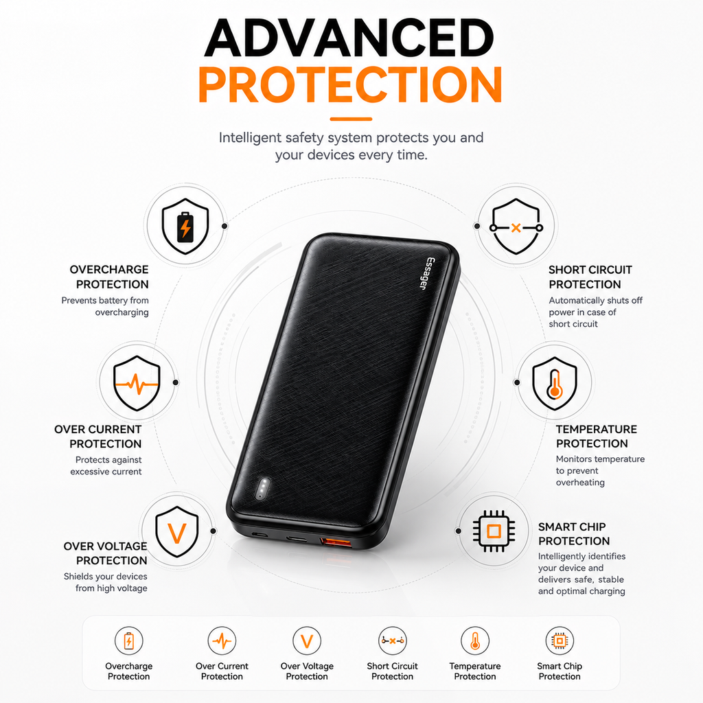 Essager 10000mAh PD20W Fast Charging Power Bank, Portable Charger with USB-C & USB Output, QC3.0 External Battery Pack for iPhone 16/15, Samsung Galaxy, iPad & USB Devices