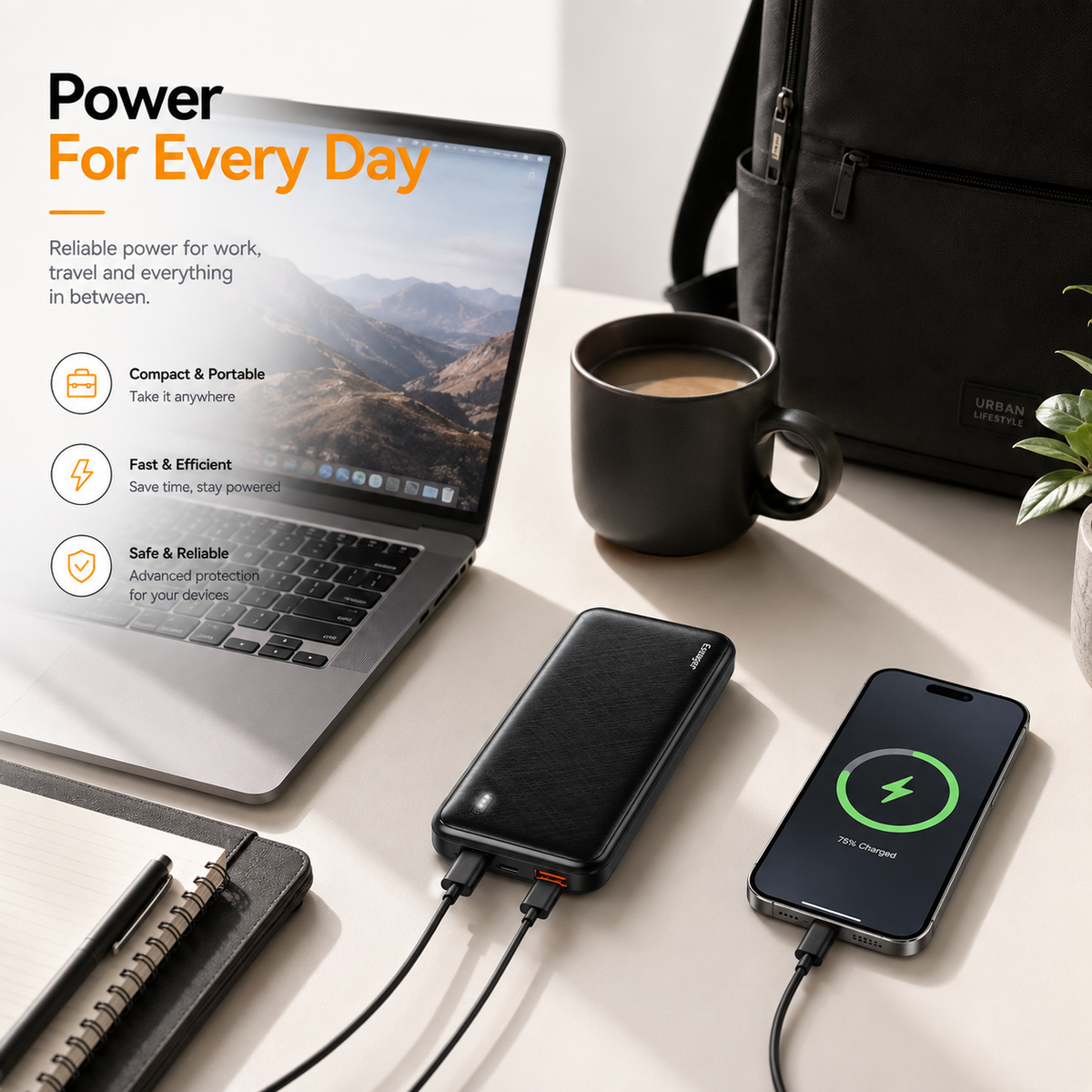 Essager 10000mAh PD20W Fast Charging Power Bank, Portable Charger with USB-C & USB Output, QC3.0 External Battery Pack for iPhone 16/15, Samsung Galaxy, iPad & USB Devices