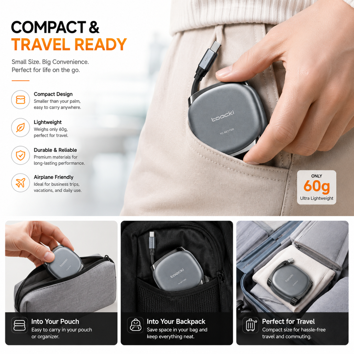 Toocki 100W Retractable USB-C to USB-C Cable, PD Fast Charging Cable, Compact Retractable Charging & Data Sync Cord for MacBook, iPad, Samsung Galaxy, Steam Deck & USB-C Devices